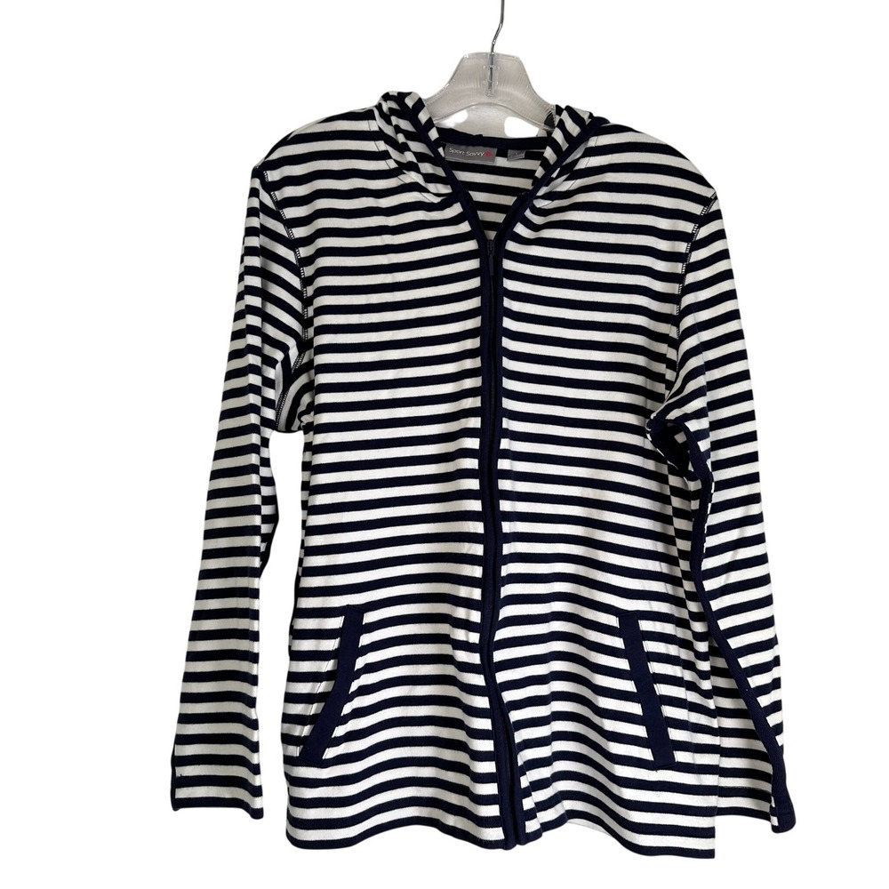 Sport Savvy Navy Blue White Striped Full Zip Hoodie Jacket Large